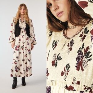 ba&sh Daya Ivory Floral Polka Dot Long Sleeve Midi Dress Size Small NWT